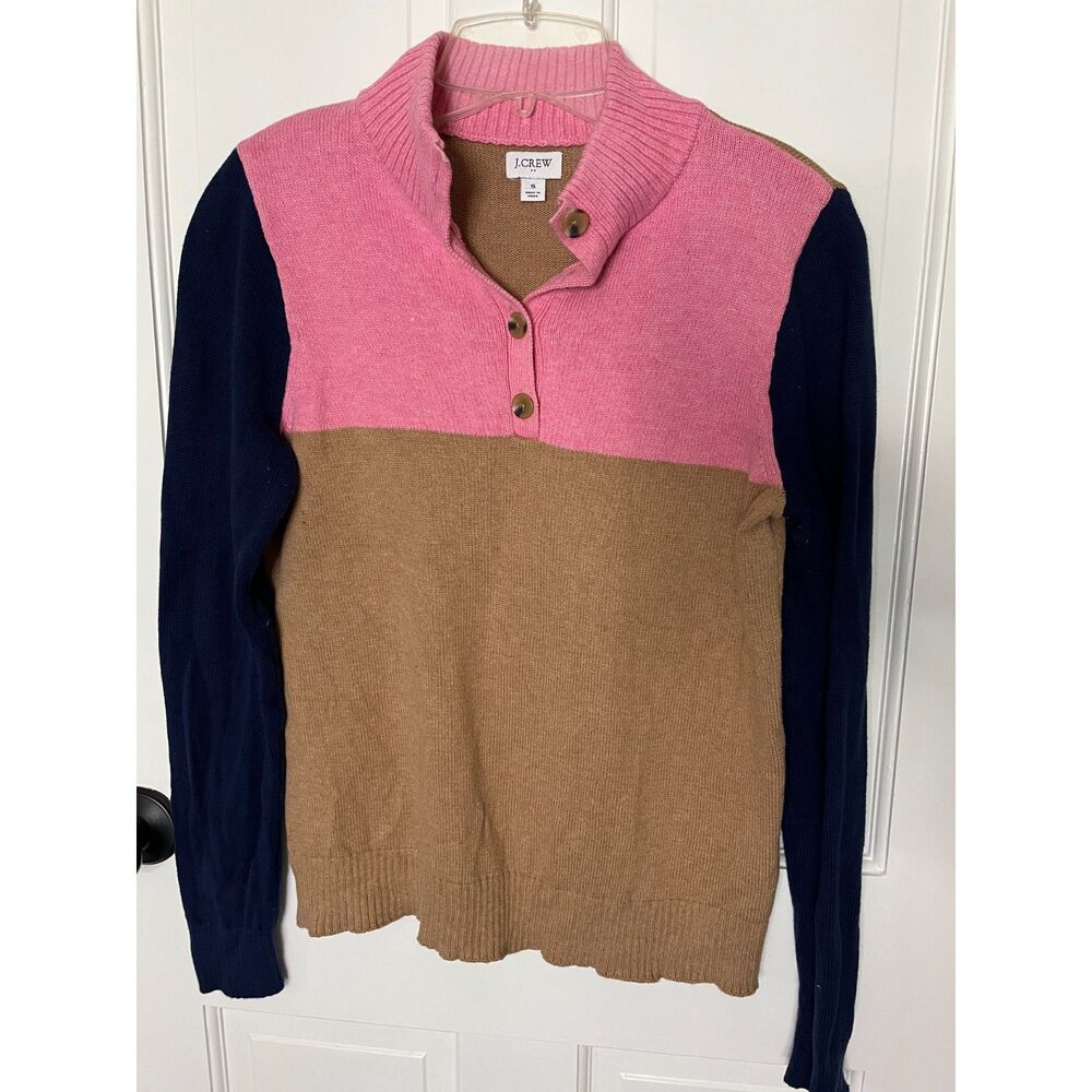 J.Crew Women’s Small Colorblock Cotton Sweater Pink Camel Navy Button Neck